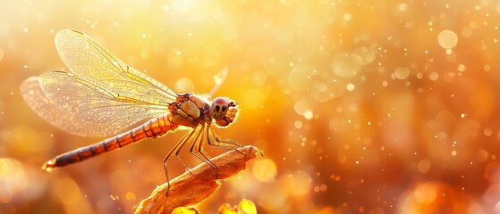 Naklejka premium A dragons fly, in tight focus, perches on a branch amidst indistinct leaf and flower background