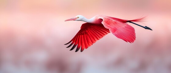  A pink-and-white bird flies, wings expansive, head turned aside