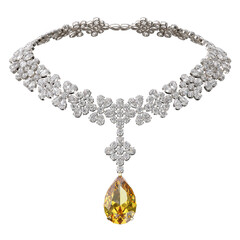 Luxurious necklace of diamonds and yellow sapphire in pear cut on the isolated transparent background. Jewelry showcase. 3d rendering.