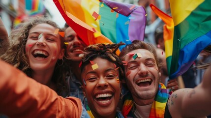 Fototapeta premium Joyful celebration at Pride parade with friends holding colorful flags and smiling faces in a vibrant street.