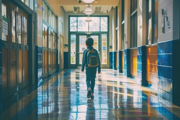 A boy walks down a hallway with his backpack, generative ai image