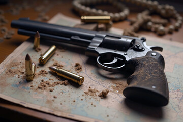 Obraz premium Revolver and bullets on a dusty map
