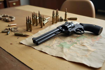 Revolver and bullets on a map-covered table