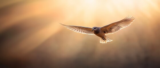  A bird flying against sunbeams backdrop