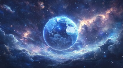 Beautiful Blue Earth Surrounded by Cosmic Clouds