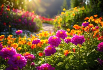 Obraz premium vibrant blooms surrounded breathtaking natural landscape lush greenery colorful flowers, petals, nature, colors, plants, garden, beauty, blossoms, sunlight