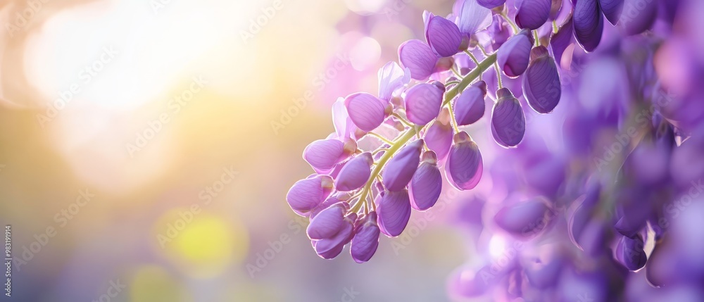 Sticker  A tight shot of several purple flowers against a sunlight-dappled background