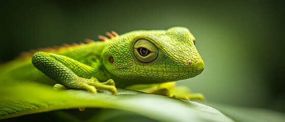 Obraz premium A tight shot of a green chameleon perched on a leaf against a softly blurred background