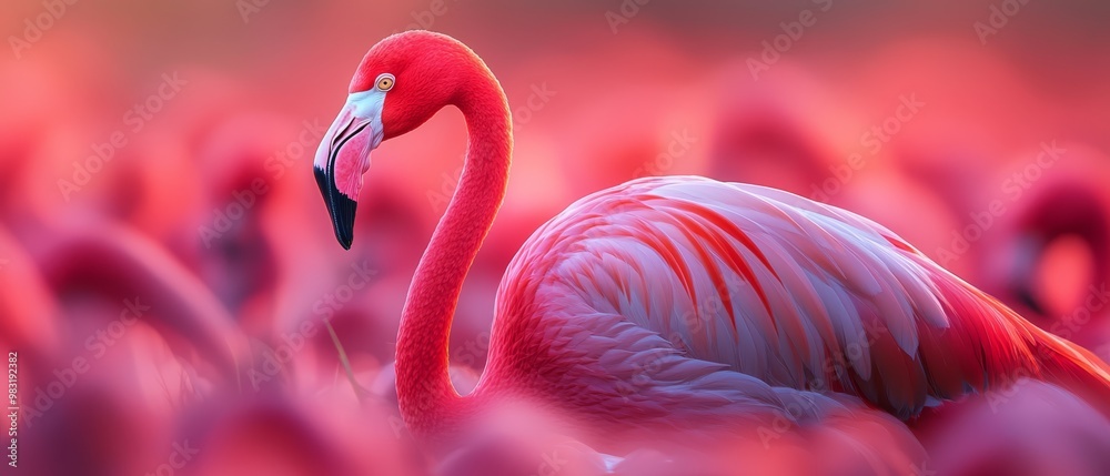 Wall mural a pink flamingo centers amongst pink flamingo peers in a pink flower field