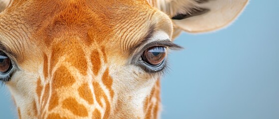  A tight shot of a giraffe's face against a backdrop of a clear, blue sky