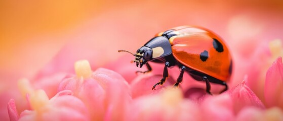 Fototapeta premium A ladybug up close on a pink flower, foreground filled with crisp pink tulips; background softly blurred with more pink tulips