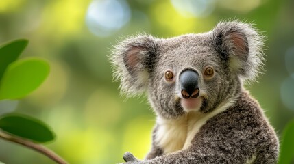 Fototapeta premium A koala, in focused detail, sits on a tree branch against a softly blurred backdrop of trees and leaves