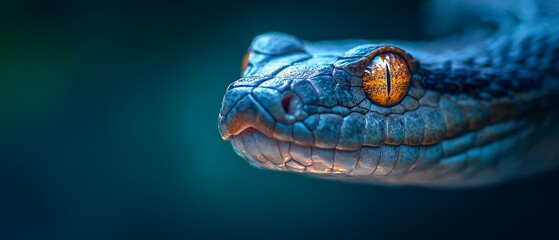 Fototapeta premium A tight shot of a blue snake's head, displaying a distinct yellow mark in its pupil