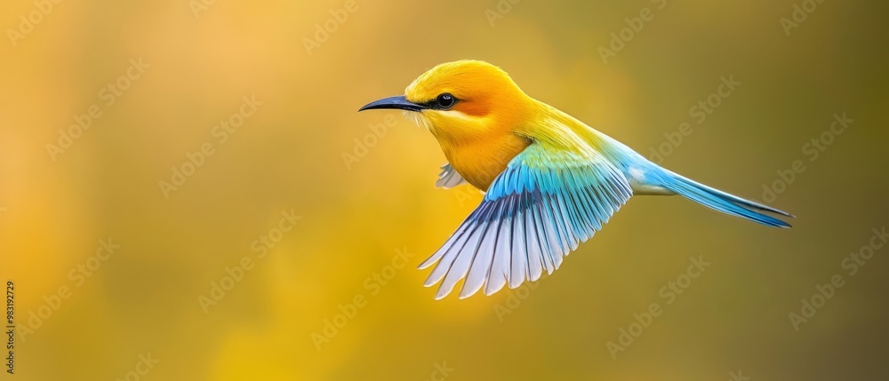 Wall mural  A colorful bird flies against a blurred background