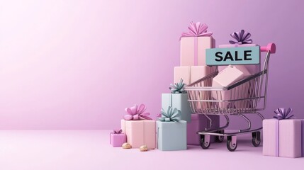 modern-style pastel pink background with a shopping cart full of gift boxes and a sign that reads "sale", with copy space, a banner for advertising a web design concept for a black friday sale