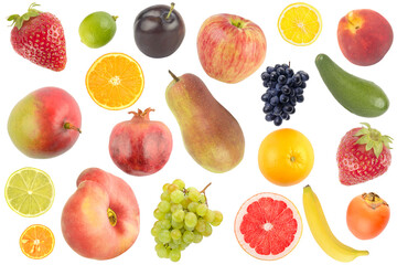 Bright juicy fruits, vegetables, berries isolated on white