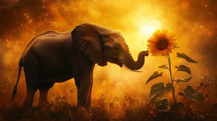 Fototapeta premium Majestic Elephant with Sunflower in a Dreamy Landscape