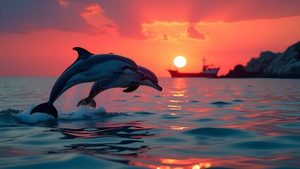 dolphin jumping at sunset