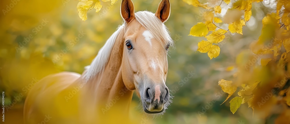 Sticker  A brown-and-white horse stands next to a tree, its branches adorned with yellow leaves The horse gazes directly at the camera