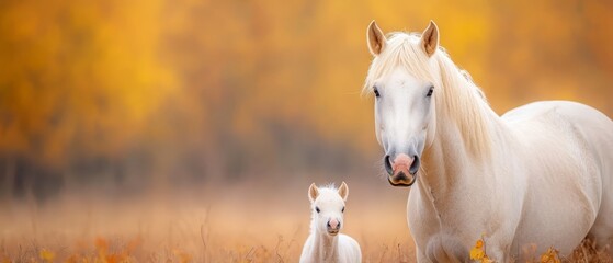  A white horse and its foal stand in a tall grass field with autumn-hued trees in the background