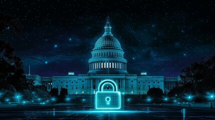 Secure Government Building with Digital Lock Symbol