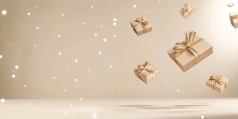 Beige background with beige gift boxes with gold bows and white snow and space for text. Banner, postcard, flyer. New Year, Christmas background.
