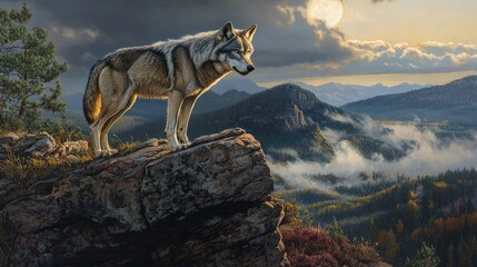 Majestic Wolf Overlooking Serene Mountain Landscape at Sunset