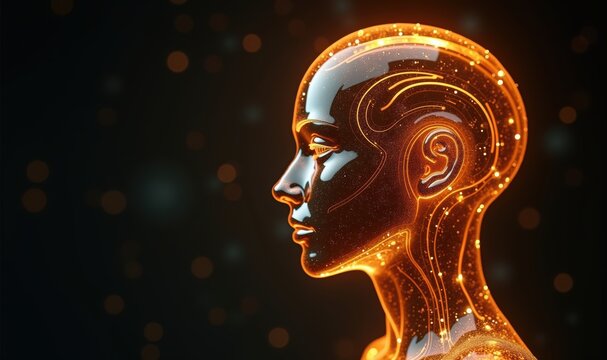 A futuristic, glowing humanoid head representing artificial intelligence and innovation in technology, perfect for tech advertisements, presentations, and digital art projects.