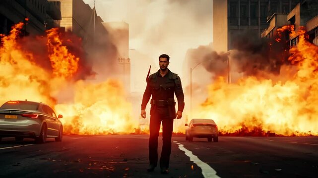 Action shot with brave man walking leaving fire and explosions behind his back. Dynamic scene in action movie blockbuster style