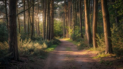 Obraz premium A peaceful forest path surrounded by tall trees and soft sunlight, inviting nature lovers to explore the serene landscape.