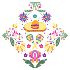 Mexican Folk mirrored composition with fantasy flowers and leaves and decorated maracas with sombrero in bright color. Dia de los Muertos holiday illustration isolated on white background