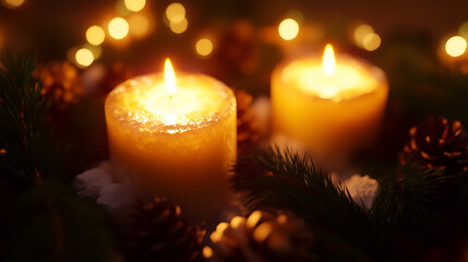 Cozy winter evening with glowing candles and festive decorations for Christmas and New Year