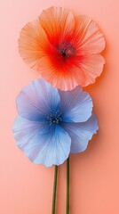   Two blue and red flowers on a pink-pink background with a green stem in the center of the image