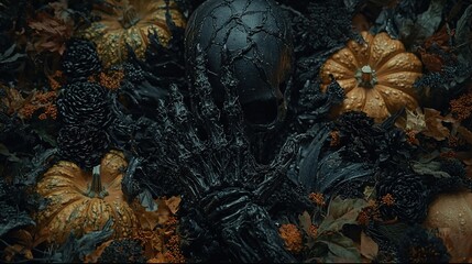  A black skull with pumpkins and gourds around it on a leaf bed