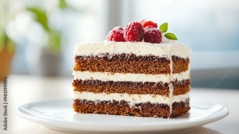 Wall mural a slice of cake with raspberries on top