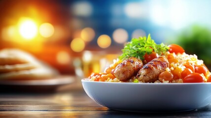 A plate of food with meat and vegetables on a wooden table