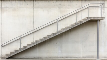 A gray concrete staircase rises upward, flanked by sleek metal railings, set against a minimalist wall with an adjacent pole, creating an open, spacious environment