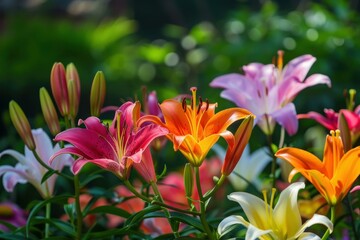 Multiple colorful lilies are blooming in a garden