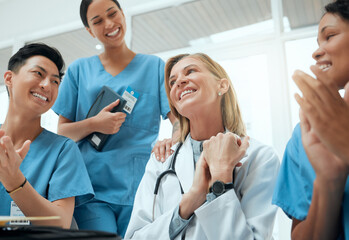 Applause, meeting and thank you with medicine team in hospital boardroom for motivation, success or...