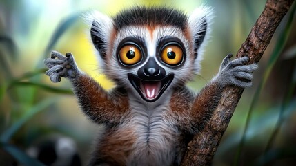 Fototapeta premium Close-up image of a lemur on a tree branch with an opened mouth and widened eyes