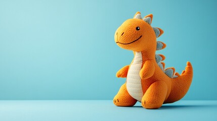 Plush dinosaur toy with embroidered details, isolated on a pastel blue backdrop
