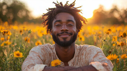 Smiling man with afro in a field of yellow flowers