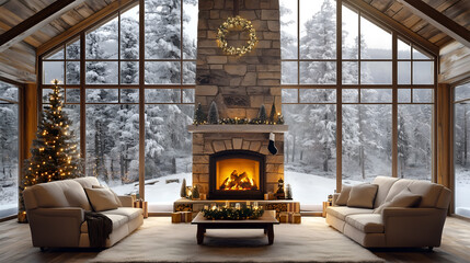 Cozy winter living room with Christmas decorations and a warm fireplace amidst snowy outdoors