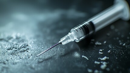 A syringe is on a table with a pile of powder