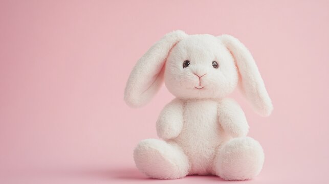 Plush toy rabbit with floppy ears, isolated on a soft pink background