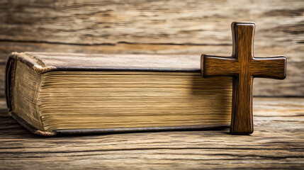 Wooden cross leaning against an open book on a rustic wooden background during peaceful reflection