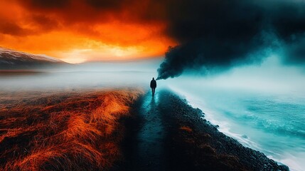 Fototapeta premium A person stands on a path in a field, surrounded by a cloud of smoke