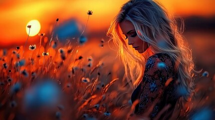 Fototapeta premium A woman stands in a tall grass field with blowing hair as the sun sets behind her