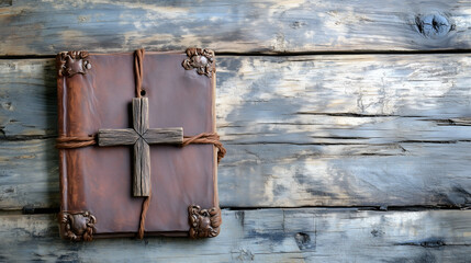 A beautifully crafted book with a wooden cross resting on a rustic wooden background with space