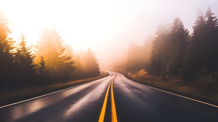 Fototapeta premium Winding Road Through Foggy Forest at Sunset